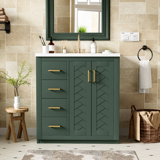 30'' Bathroom Vanity With Ceramic Sink Combo,Solid Wood Frame Bathroom Storage Cabinet, Freestanding Vanity Set With 3 Drawers& Soft Closing Doors