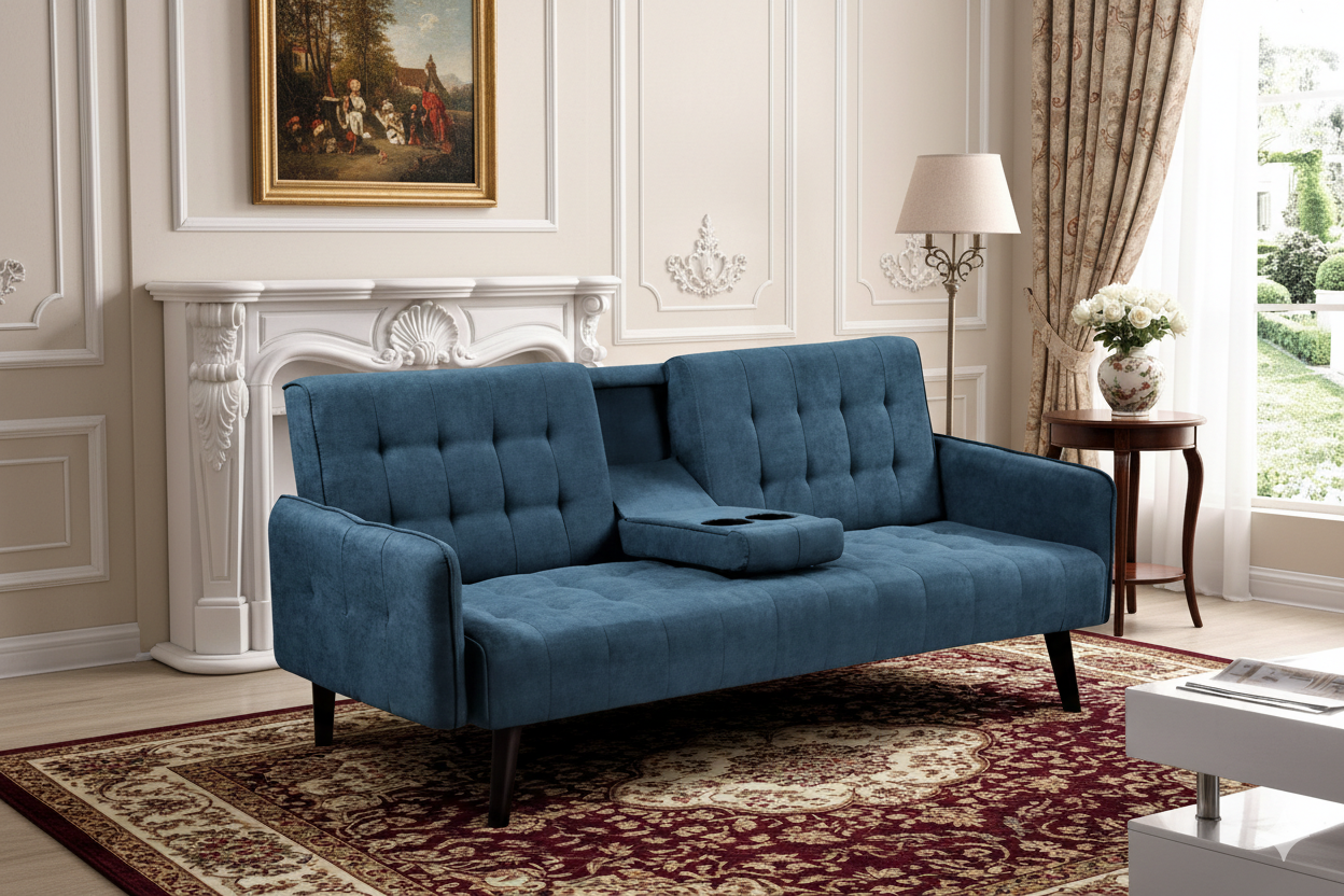 72   Sleeper Sofa Bed - Convertible Folding Backrest To Full Bed With Cup Holder & Drop-Down Table - Space Saving Linen Sofa For Small Spaces - Easy Assembly, Blue