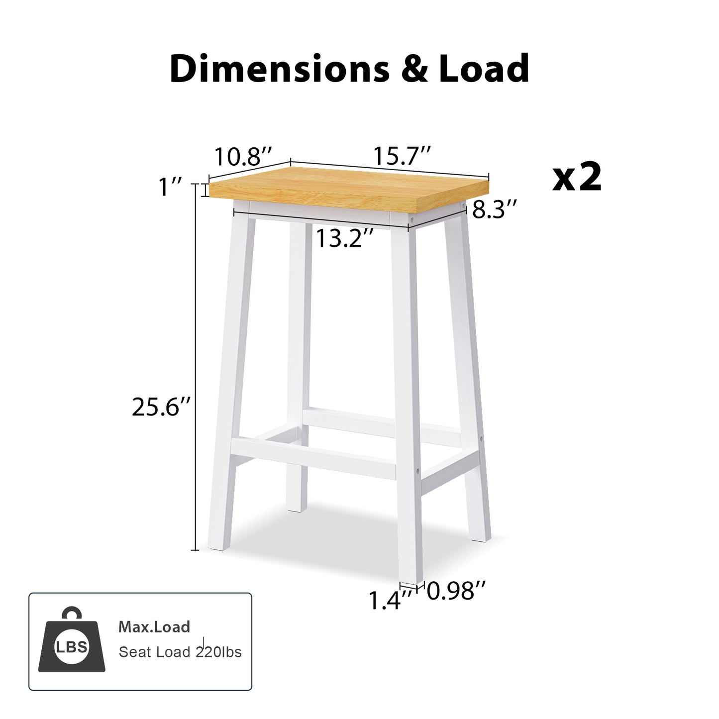 K&K Solid Wood Bar Stools  Not Cheap Iron , 25.6  Tall Set Of 2 Bar Chairs, Kitchen Counter Stools With Footrests, Farmhouse Stools For Dining Room, Kitchen, Counter, White