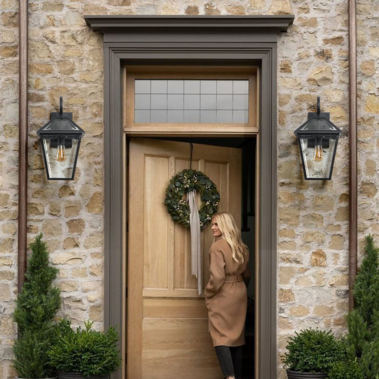 10  2pcs Outdoor Wall Lanterns, Black Finish Weatherproof Wall Sconce With Clear Glass Panels, Vintage Exterior Light Fixtures For Porch, Patio, Garage, And Entryway Bulb Not Included