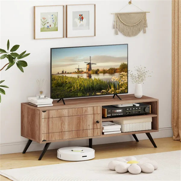 Oak Mid-Century Modern TV Stand For 55-Inch TVs, 210 Lbs Capacity Entertainment Center With Storage Cabinet & Cable Management