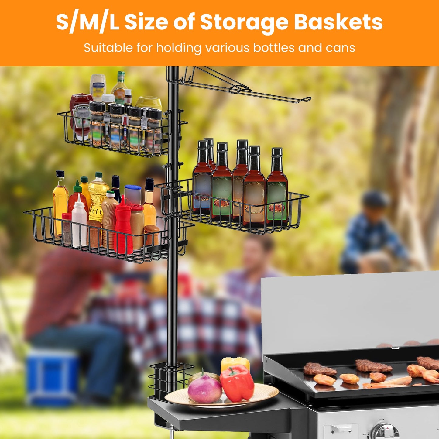 Standing BBQ Storage Caddy, Large Capacity Griddle Organizer With Multi-Size Baskets, Tool Hooks & Windproof Paper Towel Holder, Easy Assembly For Camping Picnic Party