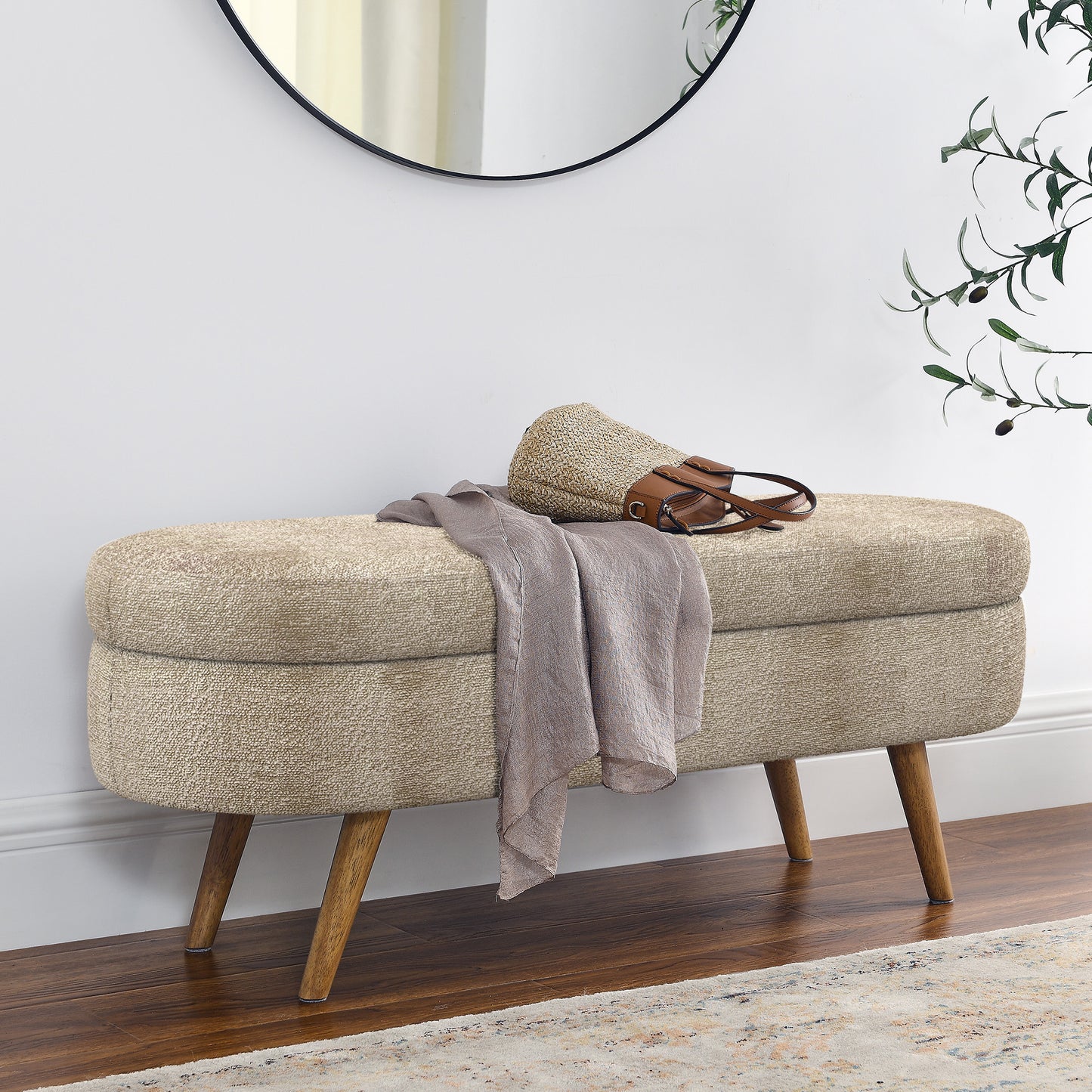 Ottoman Oval Storage Bench,Rubber Wood Legs, Gray 43.5 X16 X16 Brown