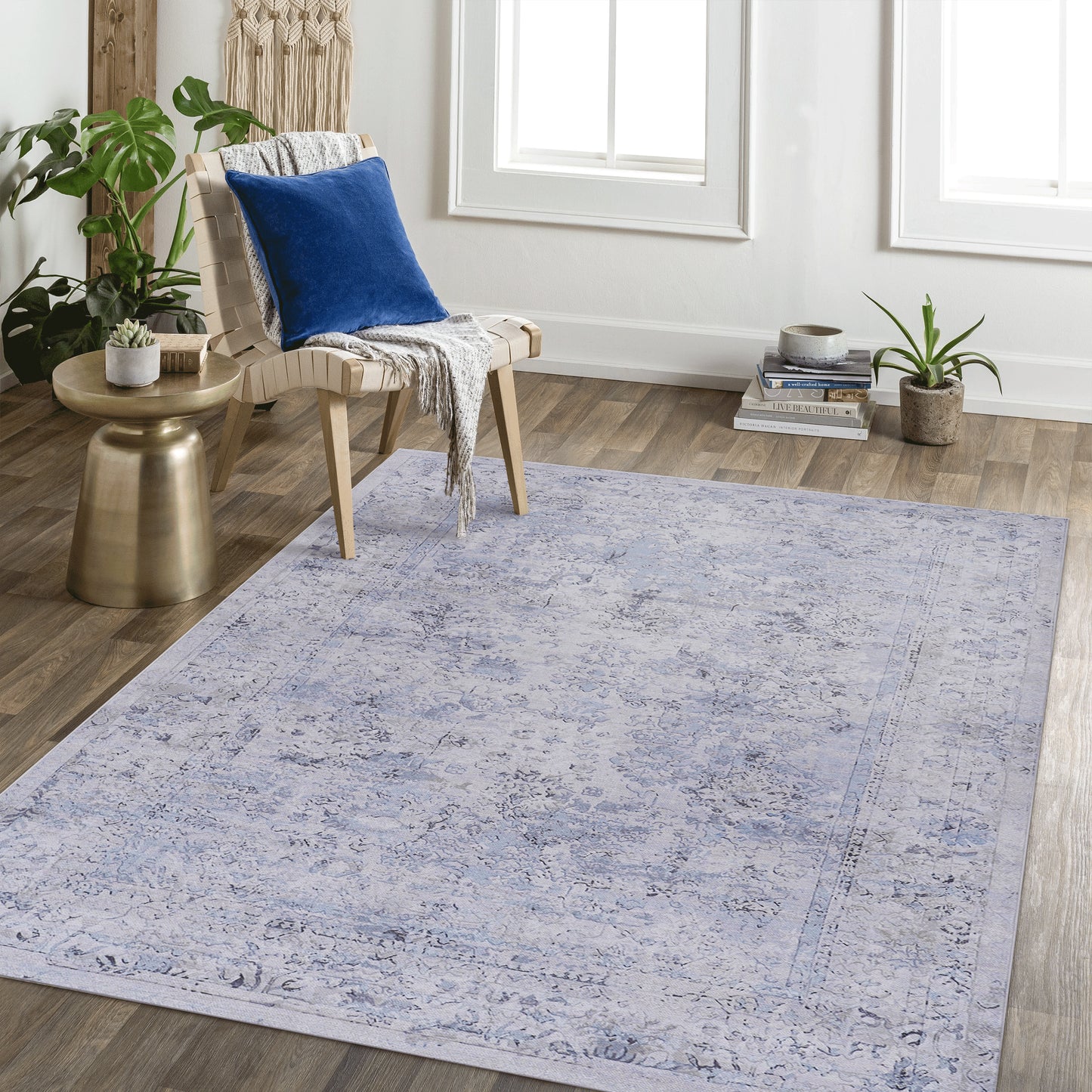 MAVAL Blue Washable Rug 5x8 Area Rug  Blue Cream, 5' X 8'