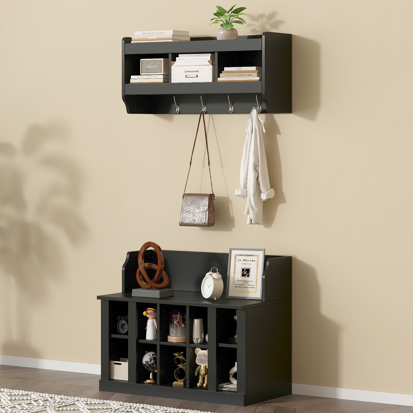 ON-TREND Shoe Storage Bench With Shelves And 4 Hooks, Elegant Hall Tree With Wall Mounted Coat Rack, Entryway Organizer For Hallway, Foyer, Mudroom, Black
