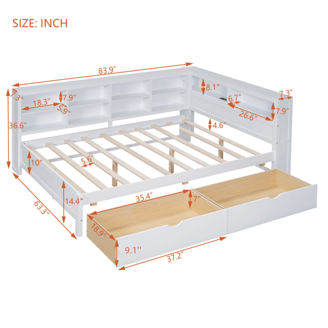 Wooden Full Size DayBed With 2 Drawers, DayBed With Storage Shelf And USB Charging Ports,White