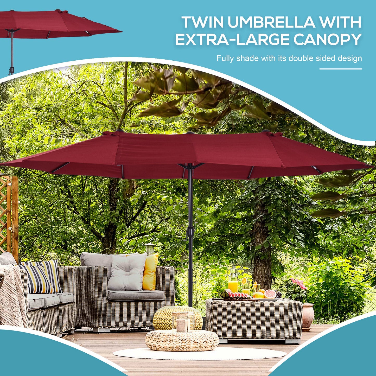Extra Large 15 Ft Patio Umbrella, Double-Sided Large Outdoor Umbrella With Crank Handle And Air Vents For Backyard, Deck, Pool, Market, Wine Red