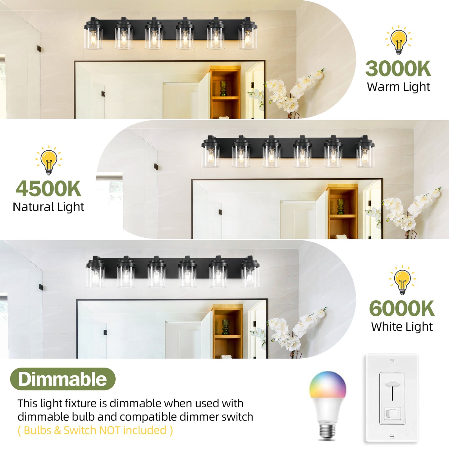 6 Light Bathroom Light Fixtures Over Mirror Bathroom Vanity Light, Black Vanity Lights With Clear Glass Shade, Modern Bathroom Light Fixtures For Bedroom, Hallway Bulbs Not Included
