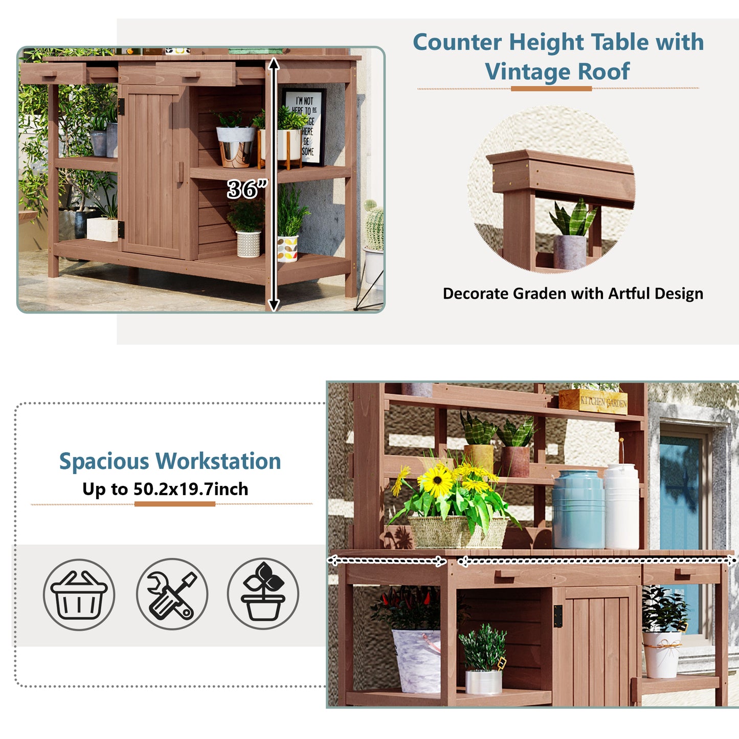 TOPMAx 66  Large Outdoor Farmhouse Wooden Potting Bench Table  Garden Workstation With 2 Drawers  Cabinet And Open Shelves For Backyard  Mudroom  Brown