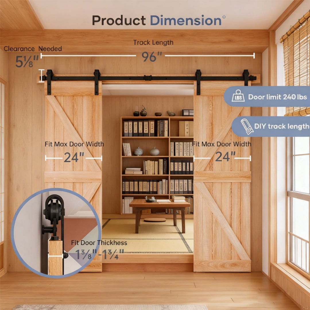 8 FT Double Sliding Barn Door Track And Handle Hardware Kit,Basic J Pulley,Slide Smoothly Quietly,Easy Install 8FT Track Kit For 20-24 Wide Double Door