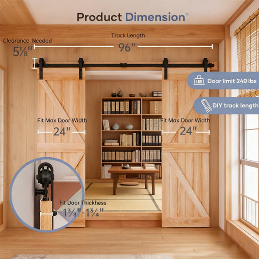 8 FT Double Sliding Barn Door Track And Handle Hardware Kit,Basic J Pulley,Slide Smoothly Quietly,Easy Install 8FT Track Kit For 20-24 Wide Double Door