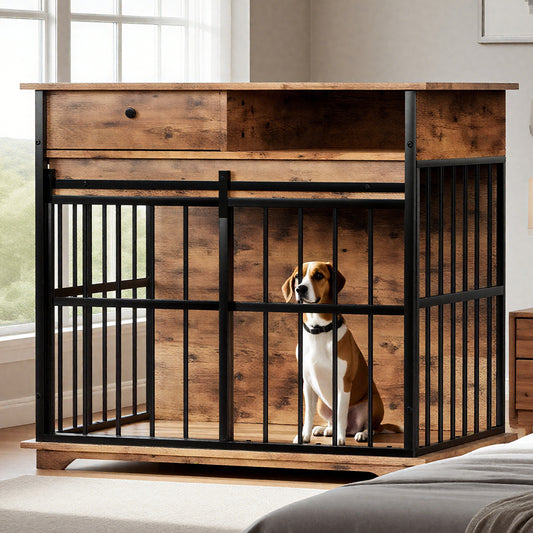 Dog Crate Furniture , Large Dog Cage Furniture With Tray For Medium Large Dogs, Wooden Dog Kennel Furniture