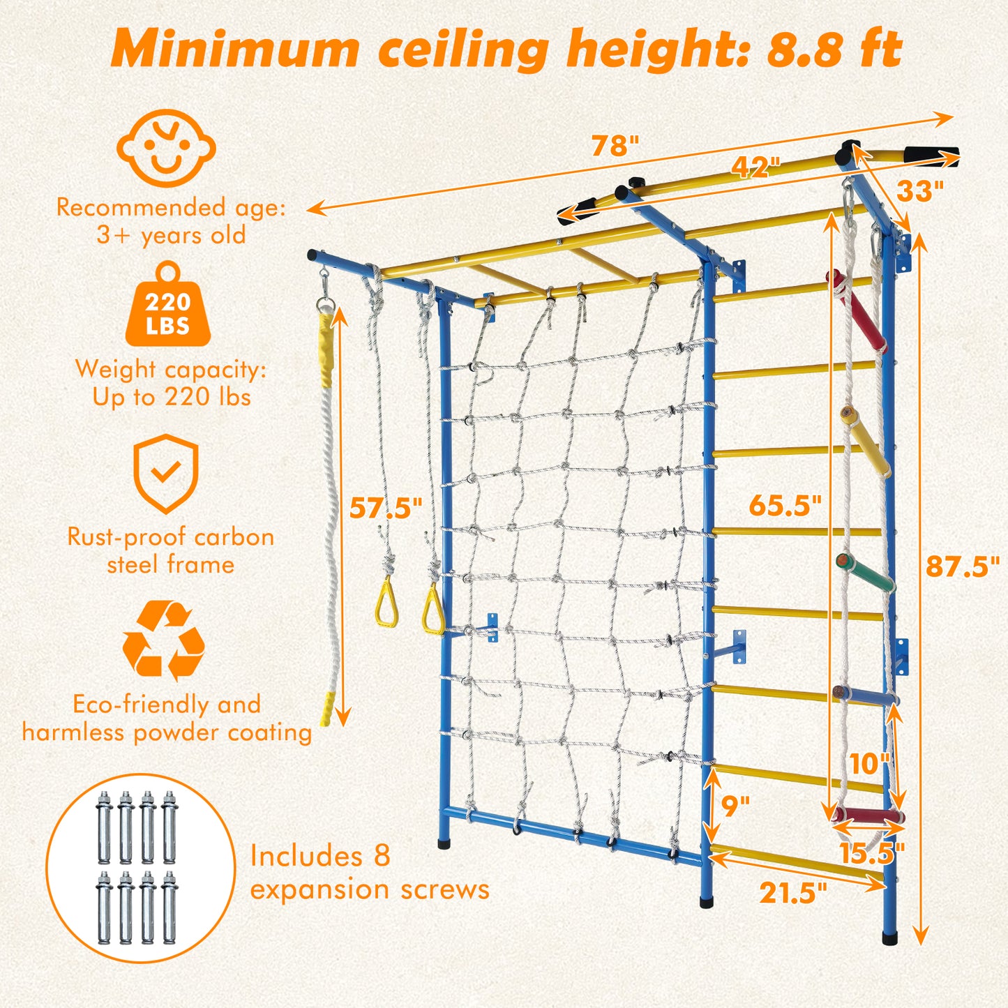 7 In 1 Indoor Playground Laddeer Wall Gym With Monkey Bars,Rope Ladder,Rope Wall, Pull-up Bar, Wall Ladder, Rope, And Gymnastic Rings