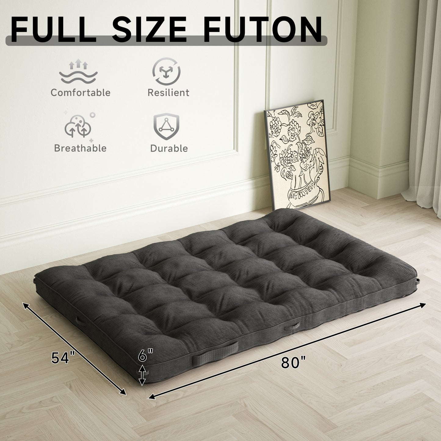 6 Inch Floor Mattress Futon Mattress Sleeping Pad Foldable Roll Up Mat, Sofa Couch Bed, Full Size