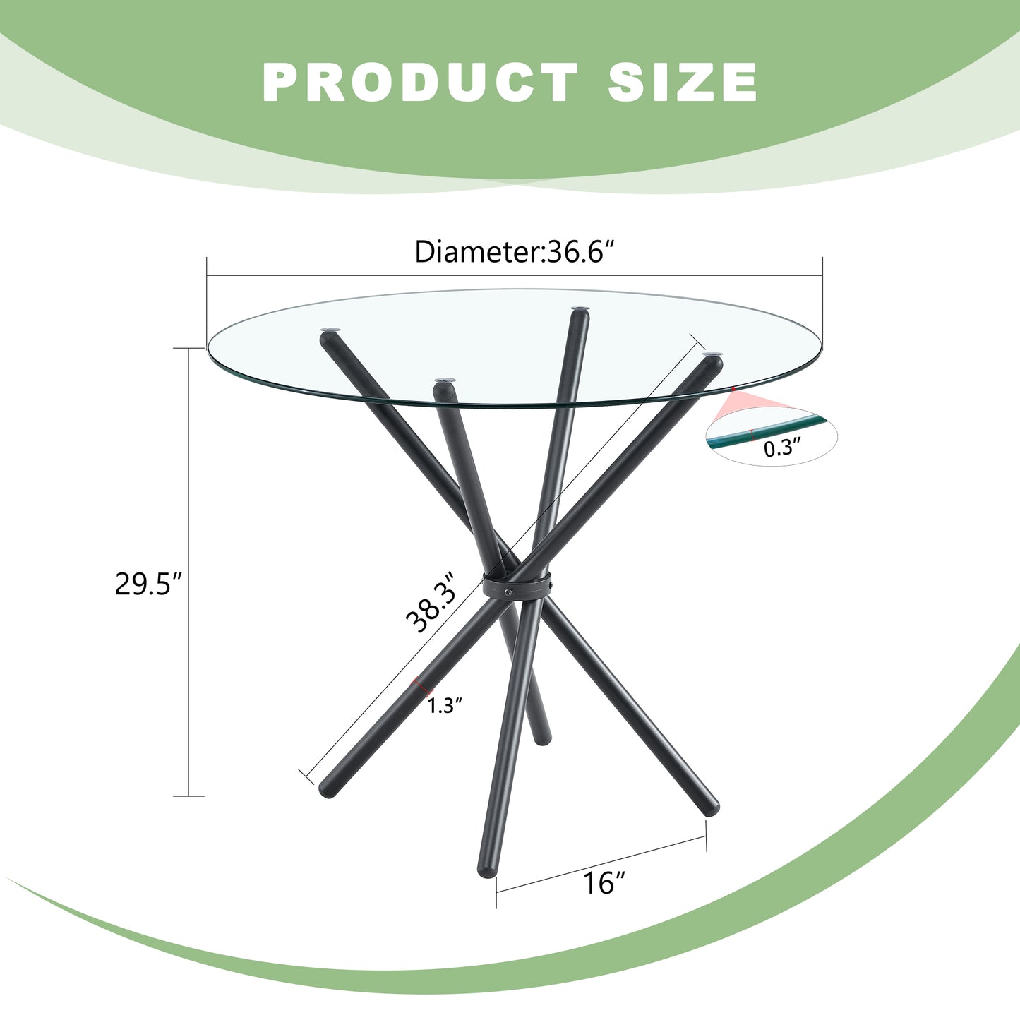A Circular Transparent Tempered Glass Round Table With A Diameter Of 36.6 Inches,with Ring-shaped Gathered Black Metal Legs.The Desktop Glass Is 0.3 Inches Thick.W1151P294396