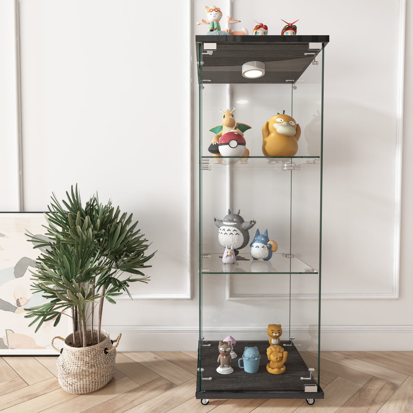 Modern Glass Display Cabinet With LED Lights, Quick-assembly Antique Cabinet, Tempered Glass Bookshelf, Suitable For Living Room And Bedrooms, 1-door 3-shelf, Black