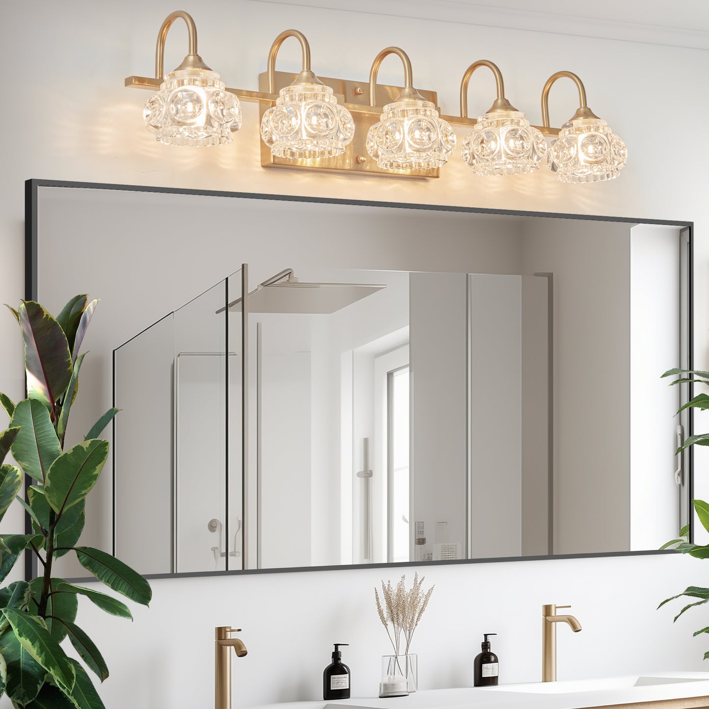 29 Modern Crystal Bathroom Vanity Light, 5-Light Golden Wall Sconce With Clear Glass Shade, Elegant Wall Mount Lighting For Bathroom, Powder Room, Or Vanity Mirror  No Bulbs