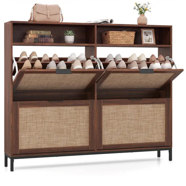 Boho Style Shoe Cabinet Cabinet With 4 Flip Drawers & Open Shelves, Freestanding Shoe Organizer For Entryway