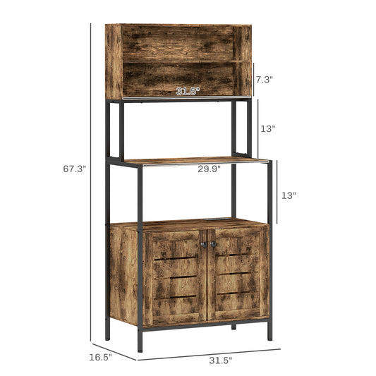 Baker's Rack With Power Outlet And Storage Shelves, Microwave Stand With Louvred Door Cabinets, Rustic Brown