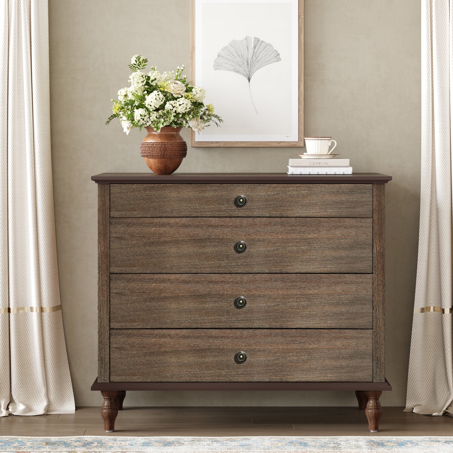 Large 4-Drawer Chest With Solid Wood Foot, Dresser With Brushed Deep Brown Finish & Metal Drawer Knobs, Antique Design For Bedroom & Nursery