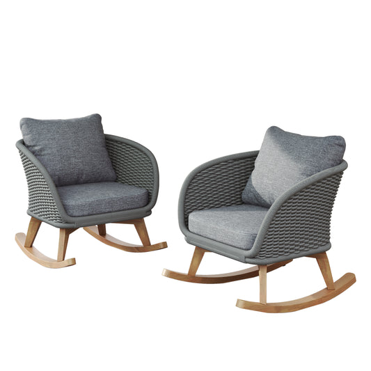 29.5  Contemporary Minimalist Gray Wicker Rocking Chair With Soft Polyester Cushions And Durable Wooden Frame, Perfect For Indoor And Outdoor Spaces Like Patio, Balcony, Or Living Room
