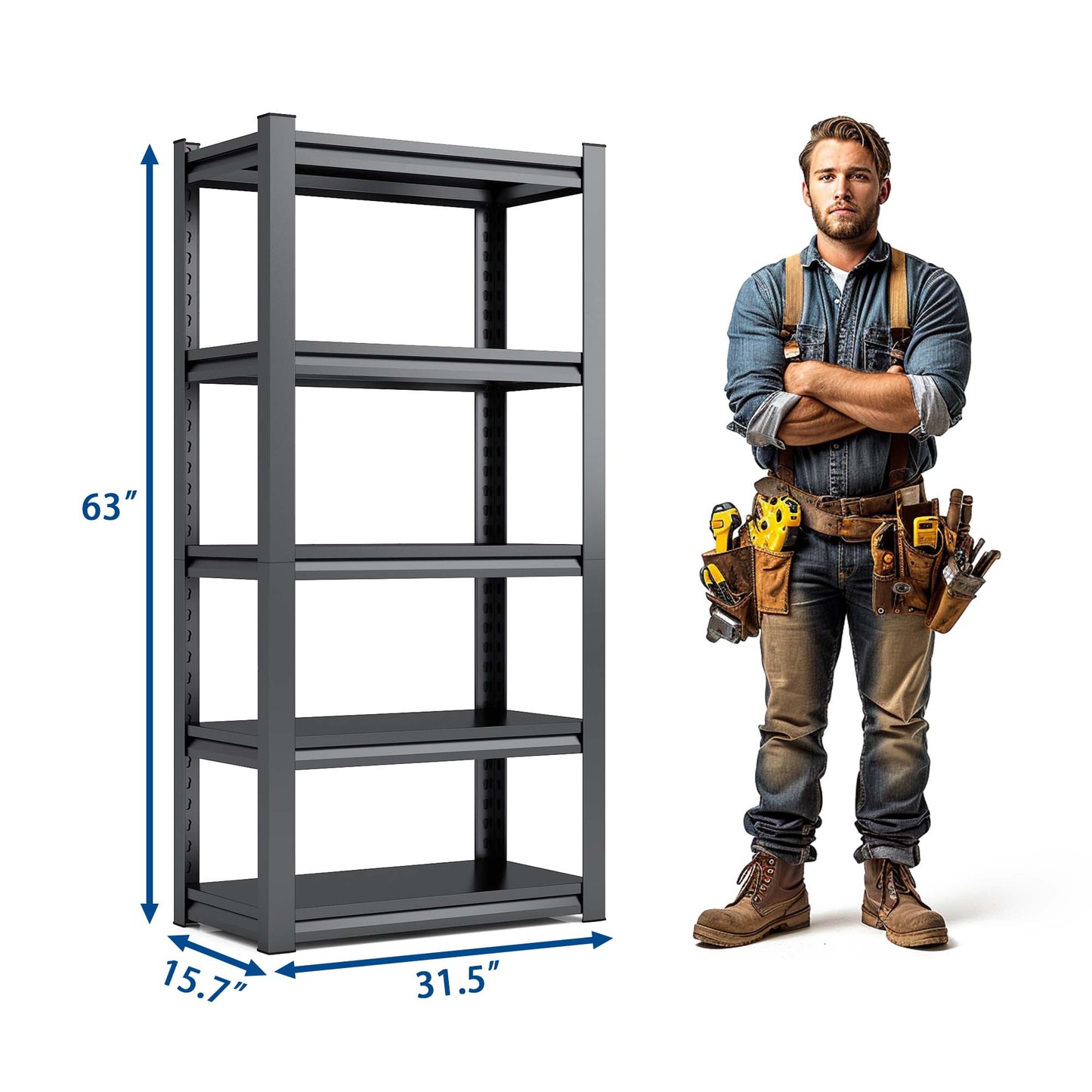 63 H  5 Tier Metal Shelves For Storage Garage Shelving 2000LBS Heavy Duty Storage Shelves Adjustable Garage Shelf Industrial Shelving Unit Storage Utility Rack,31.5 Wx15.7 Dx63 H,Black