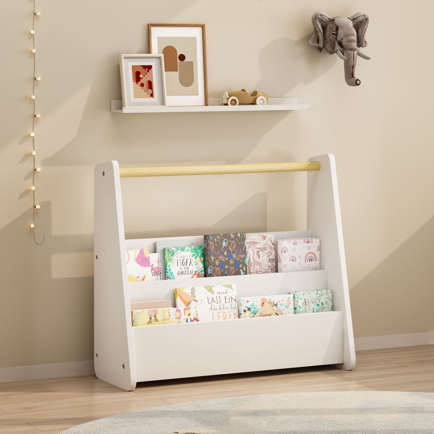 Kids Bookshelf With Wooden Handle, 2-Tier Front-Facing Toddler Bookcase, Portable Children's Book Storage Organizer For Bedroom, Playroom, Nursery, Or Classroom, White