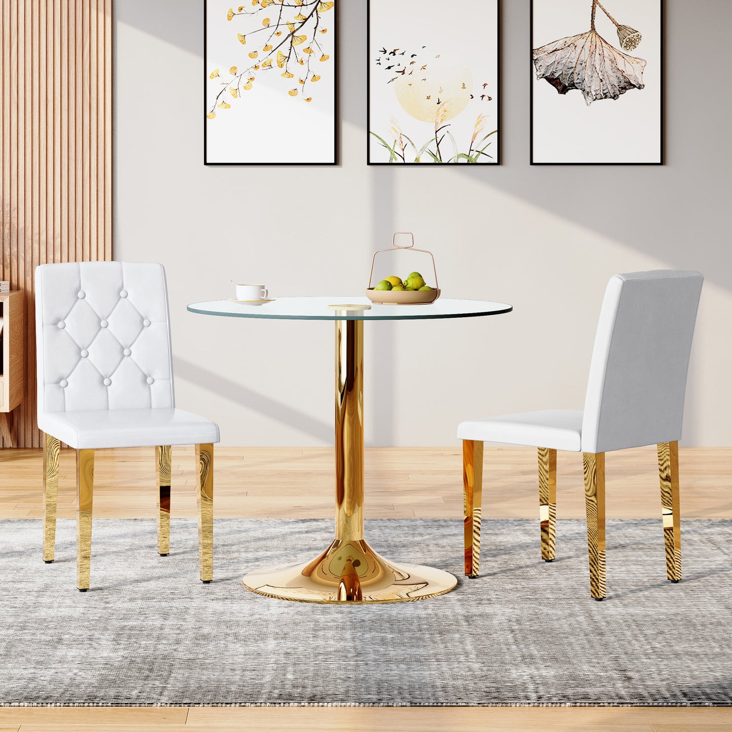 2-pack White PU Dining Chairs Ergonomic Buckle Backrest, 35 Inches High, Golden Metal Legs Combines Comfort And Texture Perfectly Suitable For Family Dining Rooms, Hotel Banquet Halls,etc.