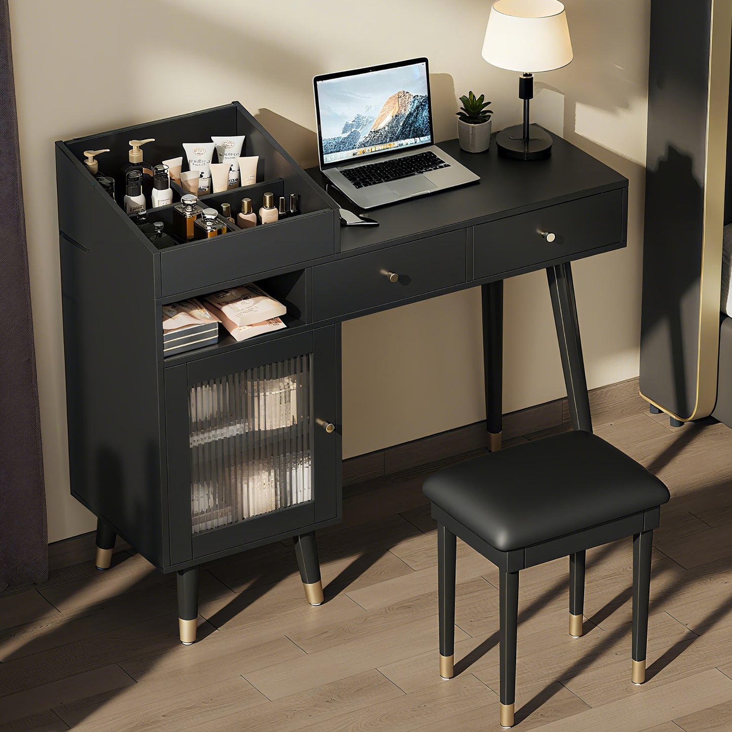 Modern Makeup Vanity Desk With Drawers, Cabinet & Charging Port, Space-saving Dressing Table Set With Stool For Small Places, Black