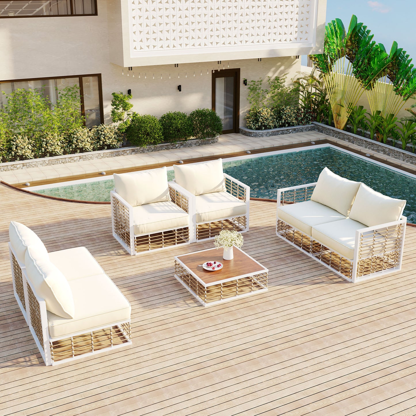TOPMAX Modern Minimalist 7-Piece Metal Patio Sectional Sofa Set, All-Weather Garden Conversational Furniture Set With Thick Cushions And Coffee Table For Indoor Outdoor, White