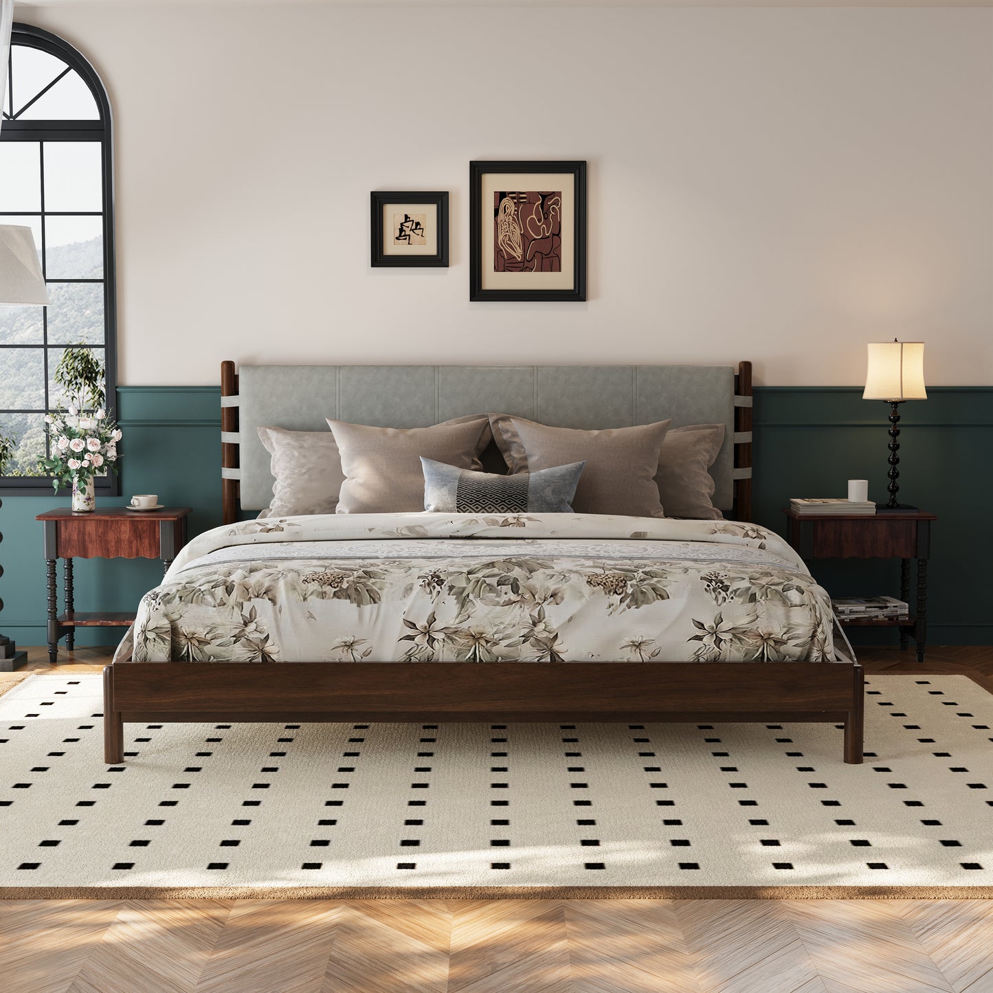 Premium Rubber Wood Platform Bed Frame, King Bed Frame With Headboard Included, Mid Century Modern Bed With Walnut Light Grey Color