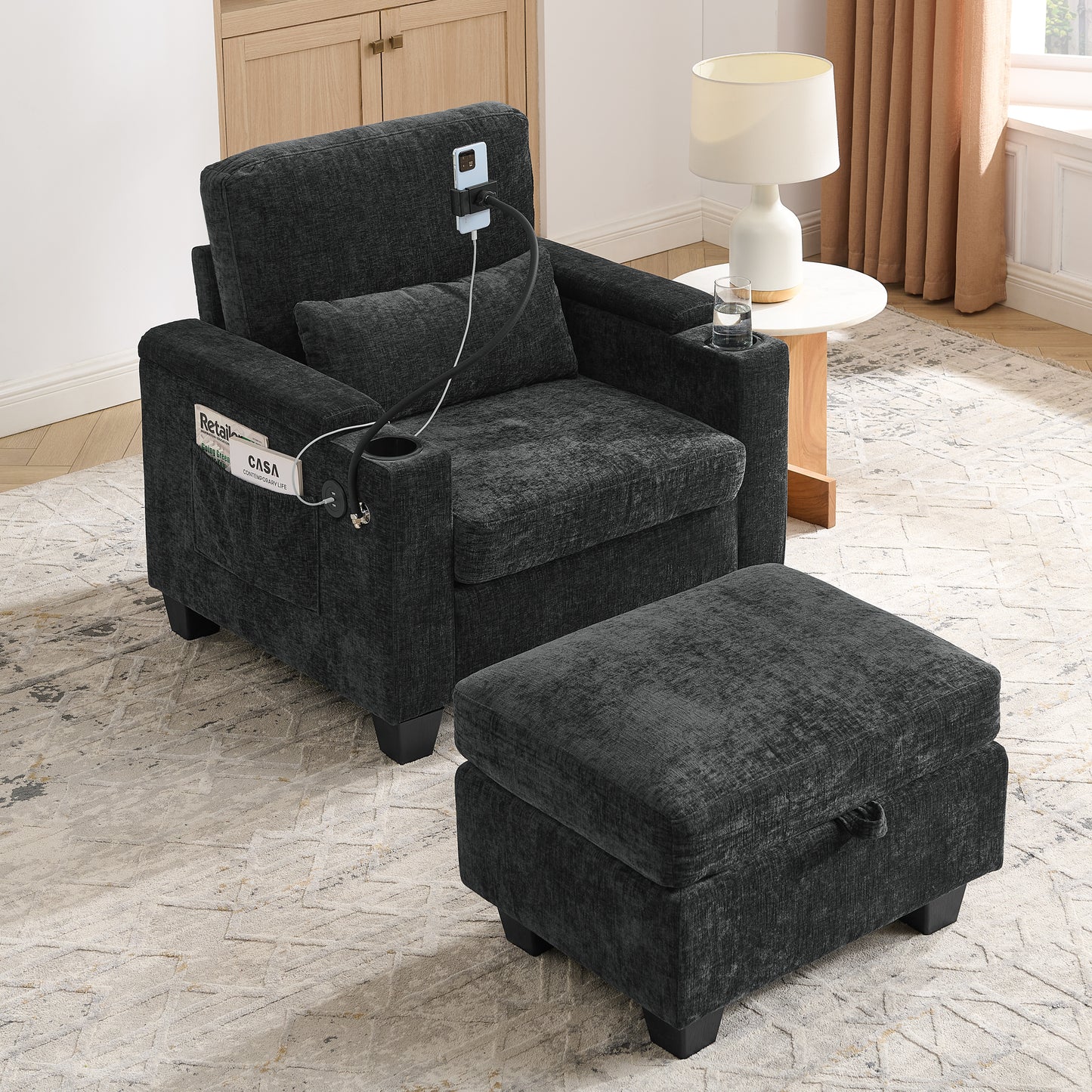 Single Sofa Recliner With Manually Adjustable Backrest, USB Charging Port On The Armrest Side, Phone Stand Included, Hidden Armrest Storage, And A Matching Storage Ottoman-Black