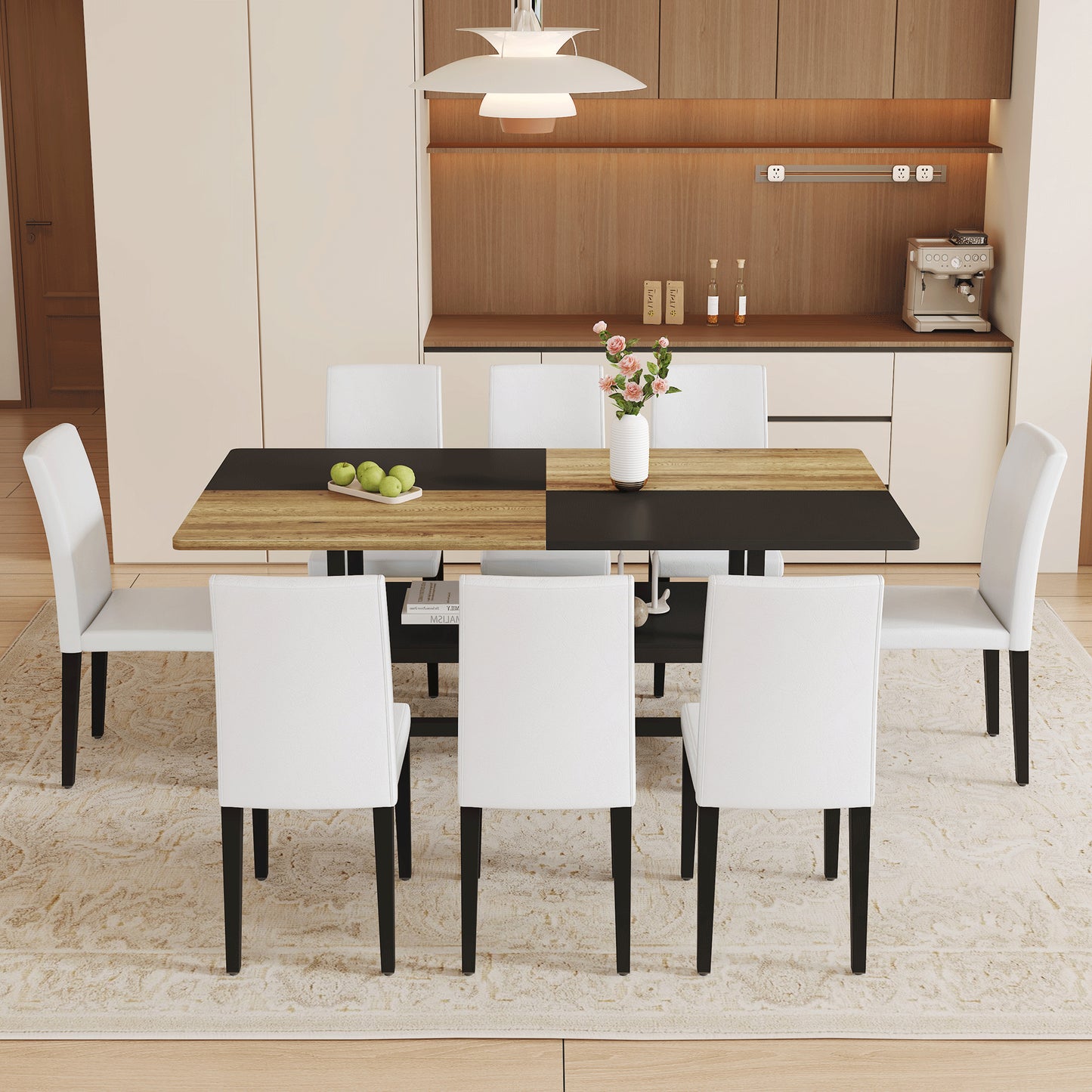 Table And Chair Set.71x35.4 Inch Wooden And Black Spliced Dining Table With Storage Function In The Middle Of The Table Legs.Paired With 8 White PU Dining Chairs, Simple And Versatile.
