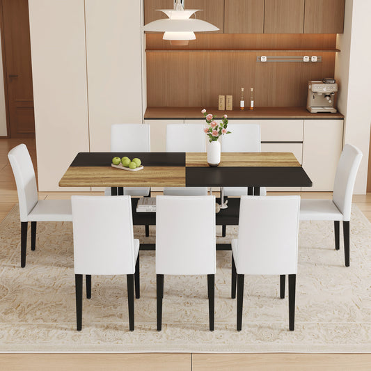 Table And Chair Set.71x35.4 Inch Wooden And Black Spliced Dining Table With Storage Function In The Middle Of The Table Legs.Paired With 8 White PU Dining Chairs, Simple And Versatile.
