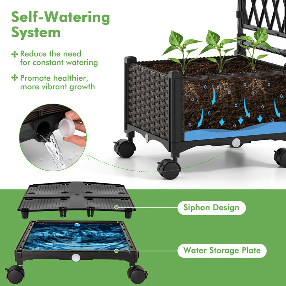 5 FT Self-Watering Planter Boxes With Lattice Trellis And Roof For Outdoor Application, Such As Balcony, Deck, Patio, And Garden