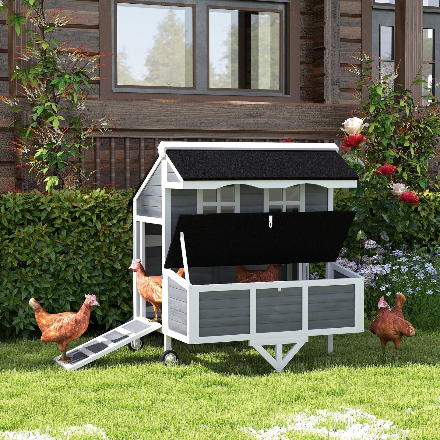43" Chicken Coop With Wheels, Chicken Tractor With Nesting Box, Windows, Pull-out Tray, Perches, For 2-4 Hens, Gray