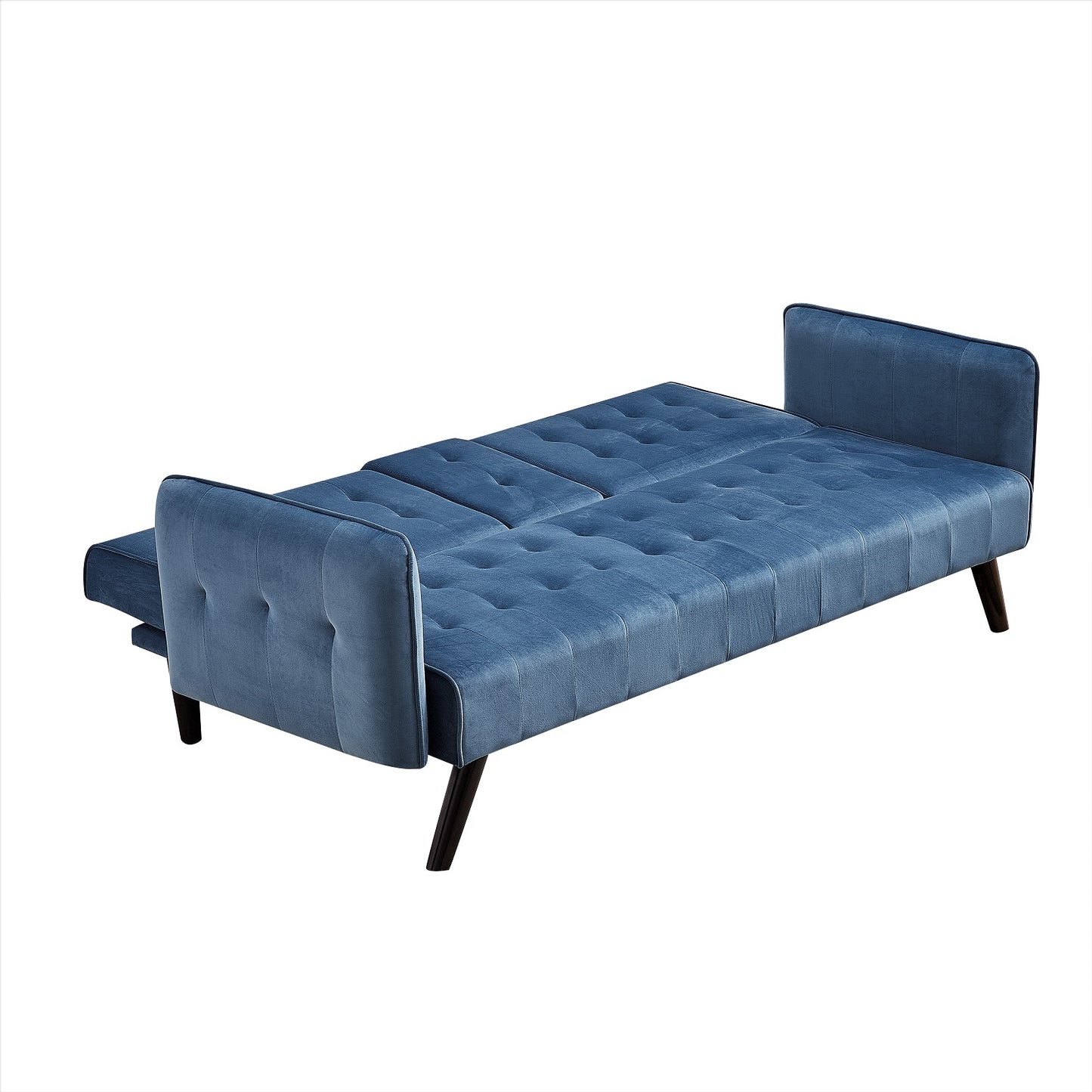 72   Velvet Convertible Sofa Bed With Cup Holders, Tufted Folding Futon Sleeper Couch, Mid-Century Modern 3 Seater For Small Spaces, 72   L X 34.6   D X 31   H,  Blue
