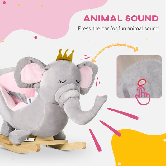 Baby Rocking Horse Elephant Rocking Chair Toddler Rocker Toy With Sound Wooden Base Seat Safety Belt For 1.5-3 Year Old, Gray