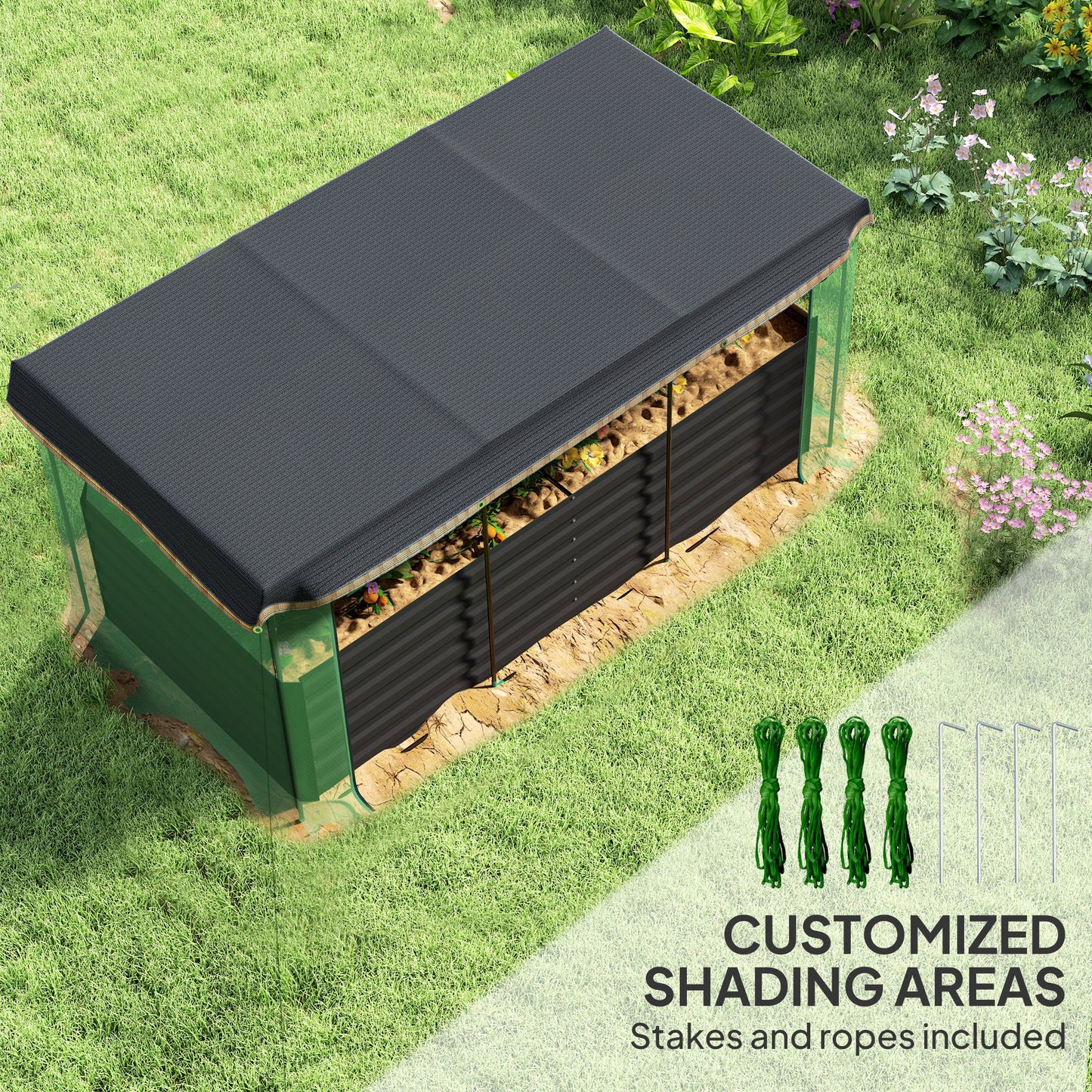 Galvanized Steel Planter Box With Crop Cage And Shade Cloth, Raised Garden Bed For Flowers, Veggies And Herbs, Dark Gray