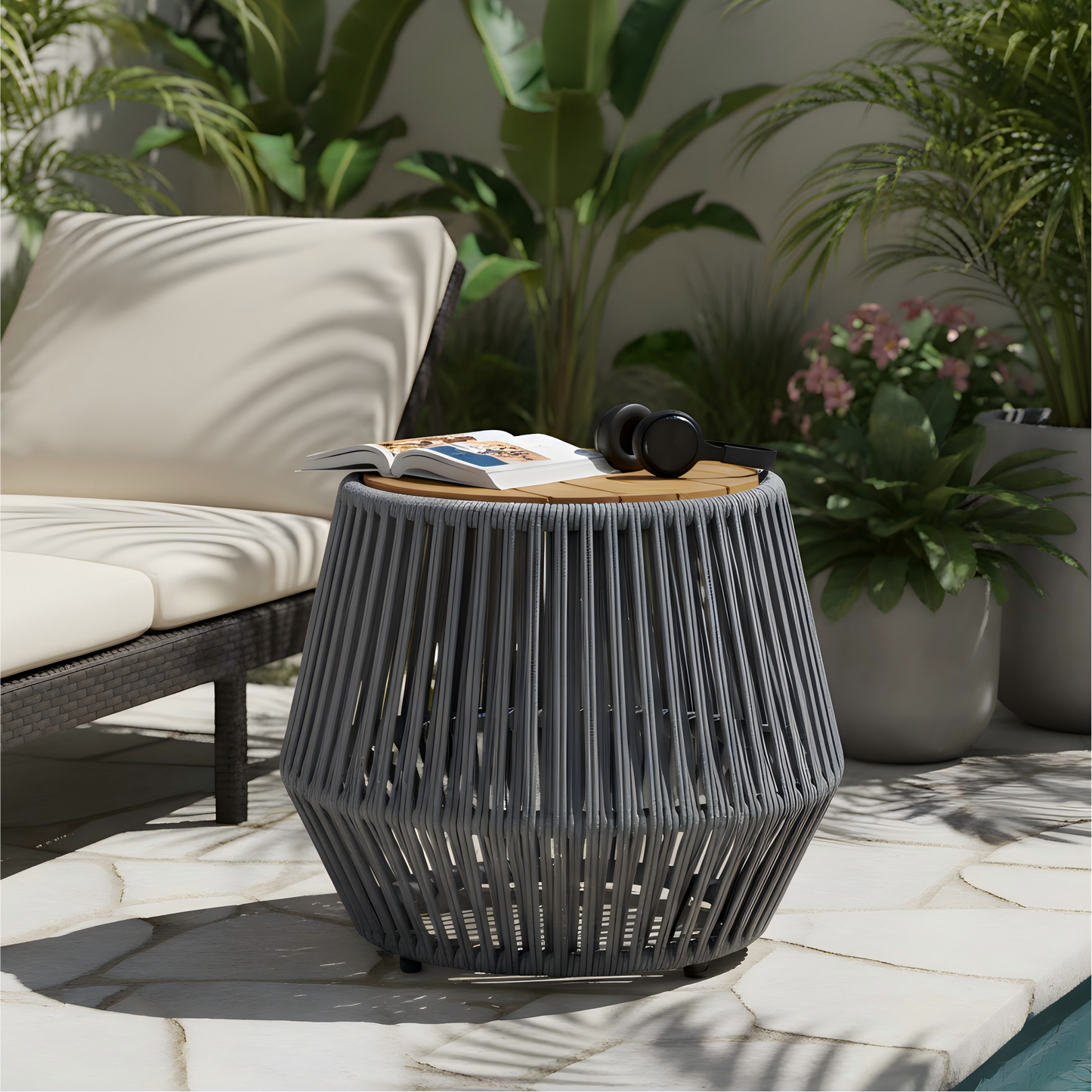 Acacia Wood Side Table With Grey Rope Base - Natural Teak Finish, Modern Coastal Accent For Patio, Garden, Balcony & Indoor Use