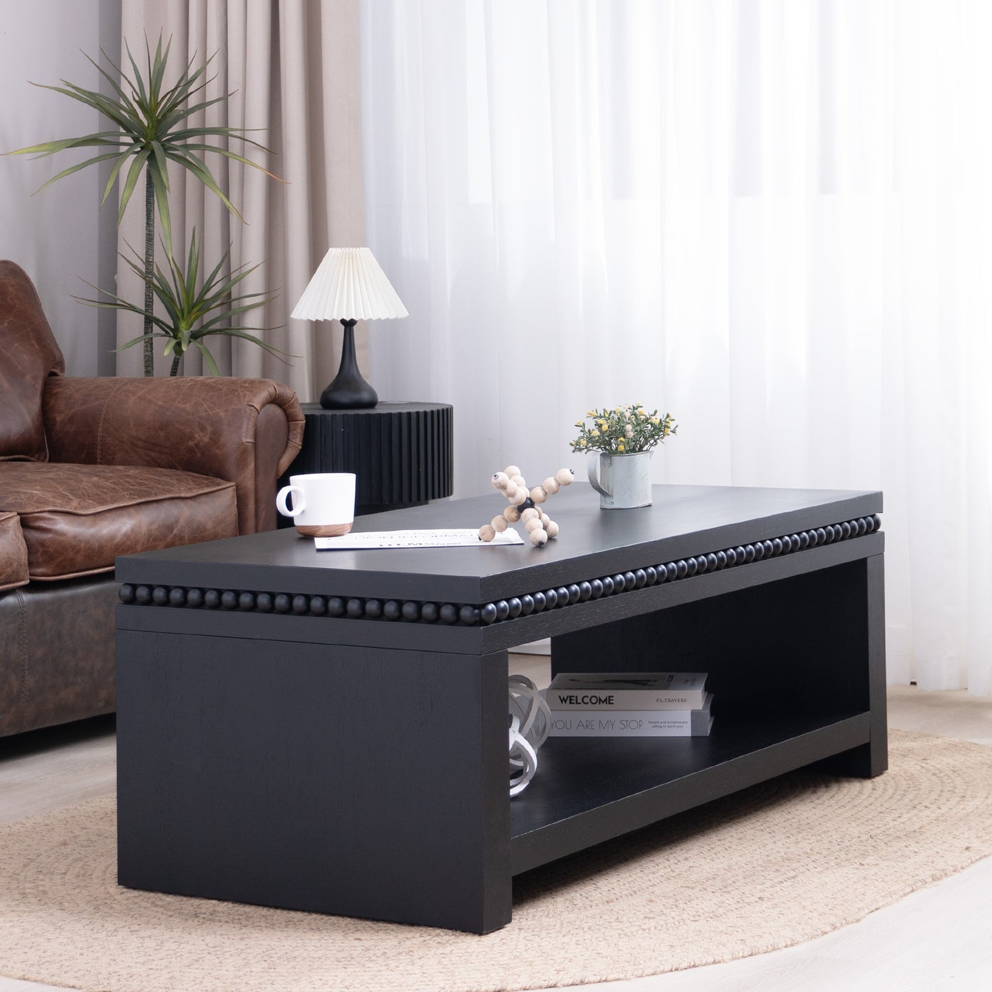 Modern Black Coffee Table With Beaded Trim  47  Rectangular Coffee Table With Open Storage Shelf, Solid Black Finish  Contemporary Living Room Accent Furniture
