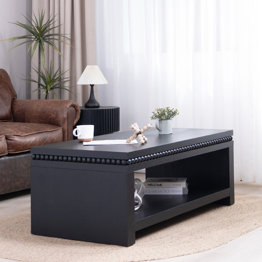 Modern Black Coffee Table With Beaded Trim  47  Rectangular Coffee Table With Open Storage Shelf, Solid Black Finish  Contemporary Living Room Accent Furniture