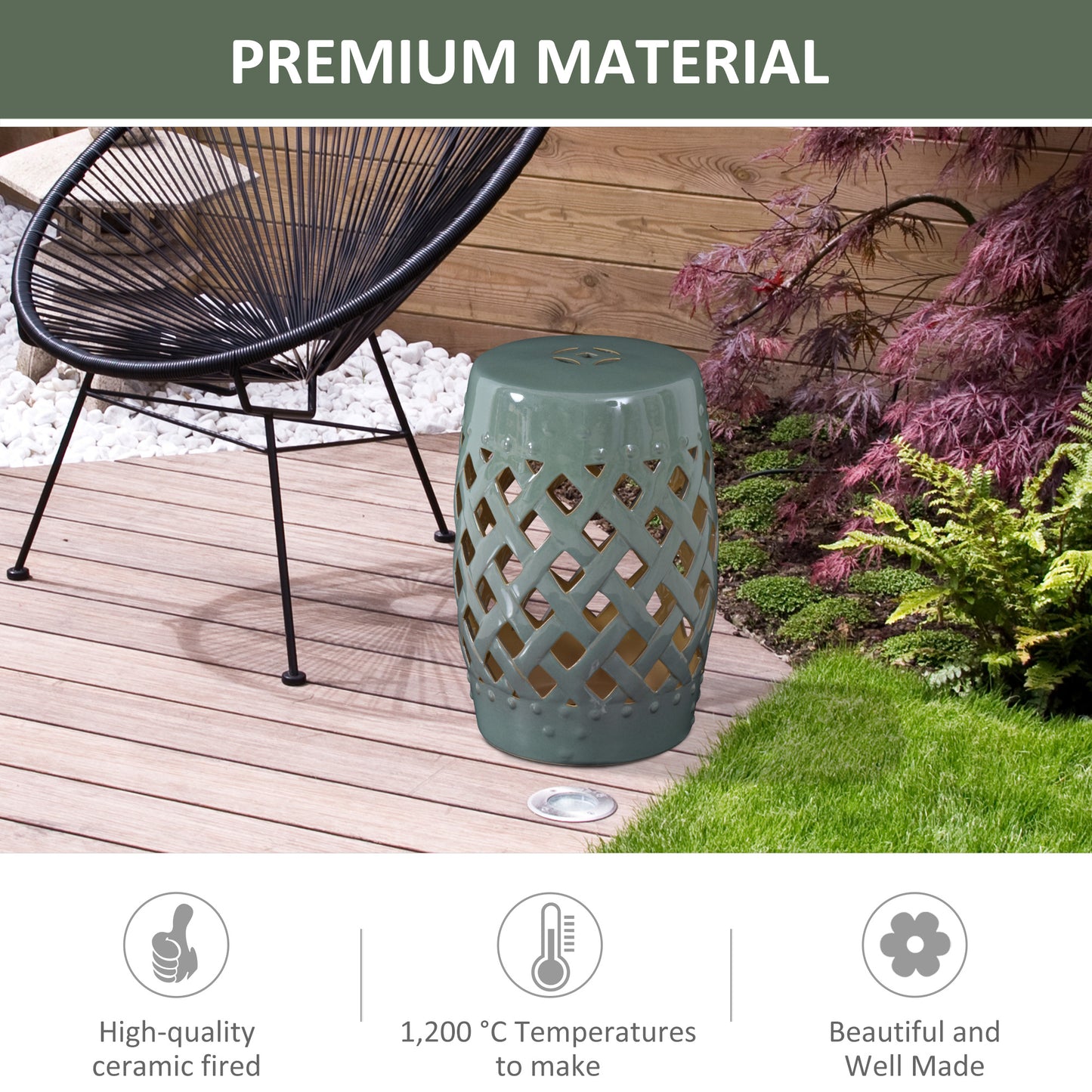 13" X 18" Ceramic Garden Stool With Woven Lattice Design & Glazed Strong Materials Decorative Outdoor Stool, Green