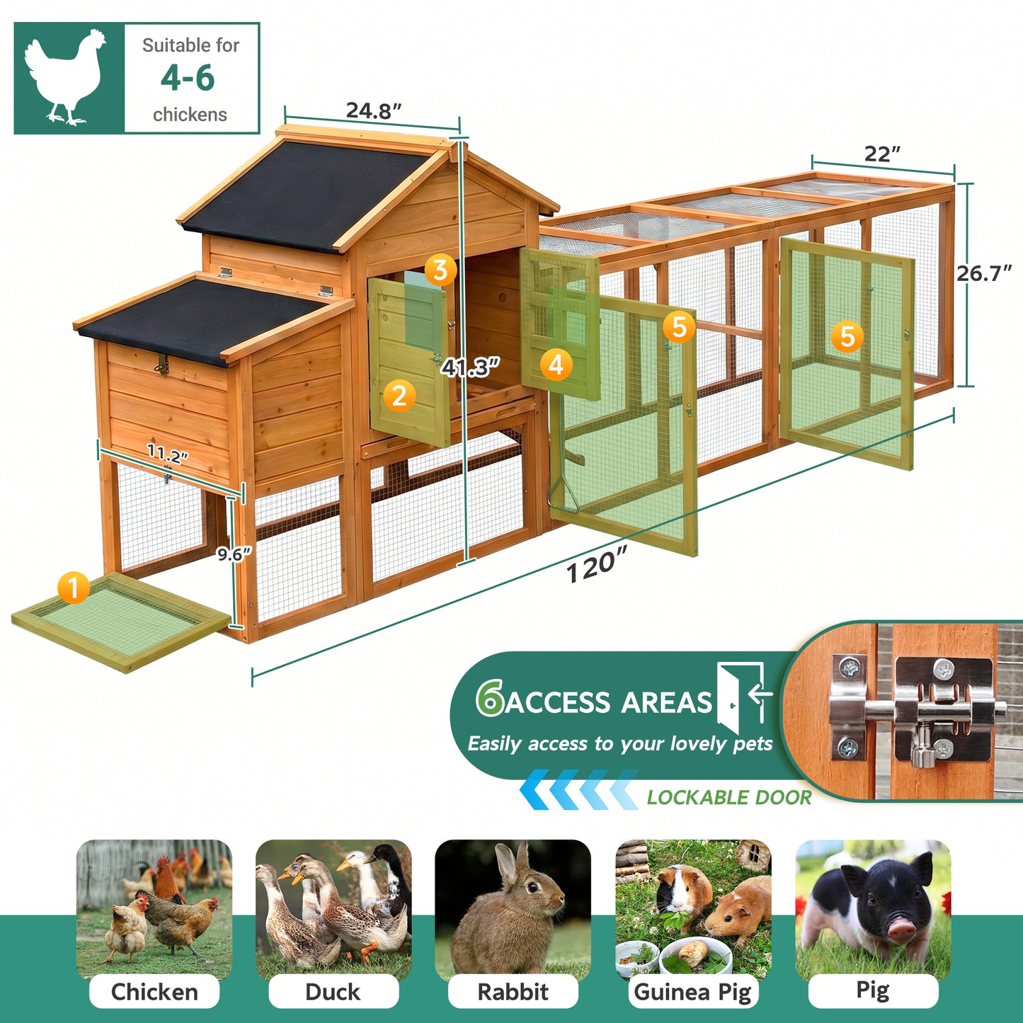 Large Chicken Coop With Run And Nest Box And Removable Tray, Hen House For 4-6 Chickens, Outdoor Weatherproof Small Animal Cages