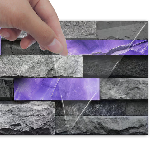 Peel And Stick Splash Proof Marble Wall Tiles, Waterproof And Oil Resistant, Purple Glossy Imitation Stone Wall Sticker