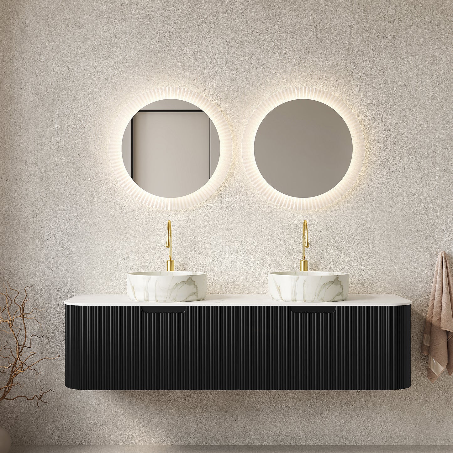 DINA 60  Bathroom Vanity&Sinks, Floating Curved Edges Striped Storage Cabinet With 2 Drawers, 2 Matte Stone White Round Ceramic Basins&Carrara White Sintered Stone Top, Pre-assembled, Black Color
