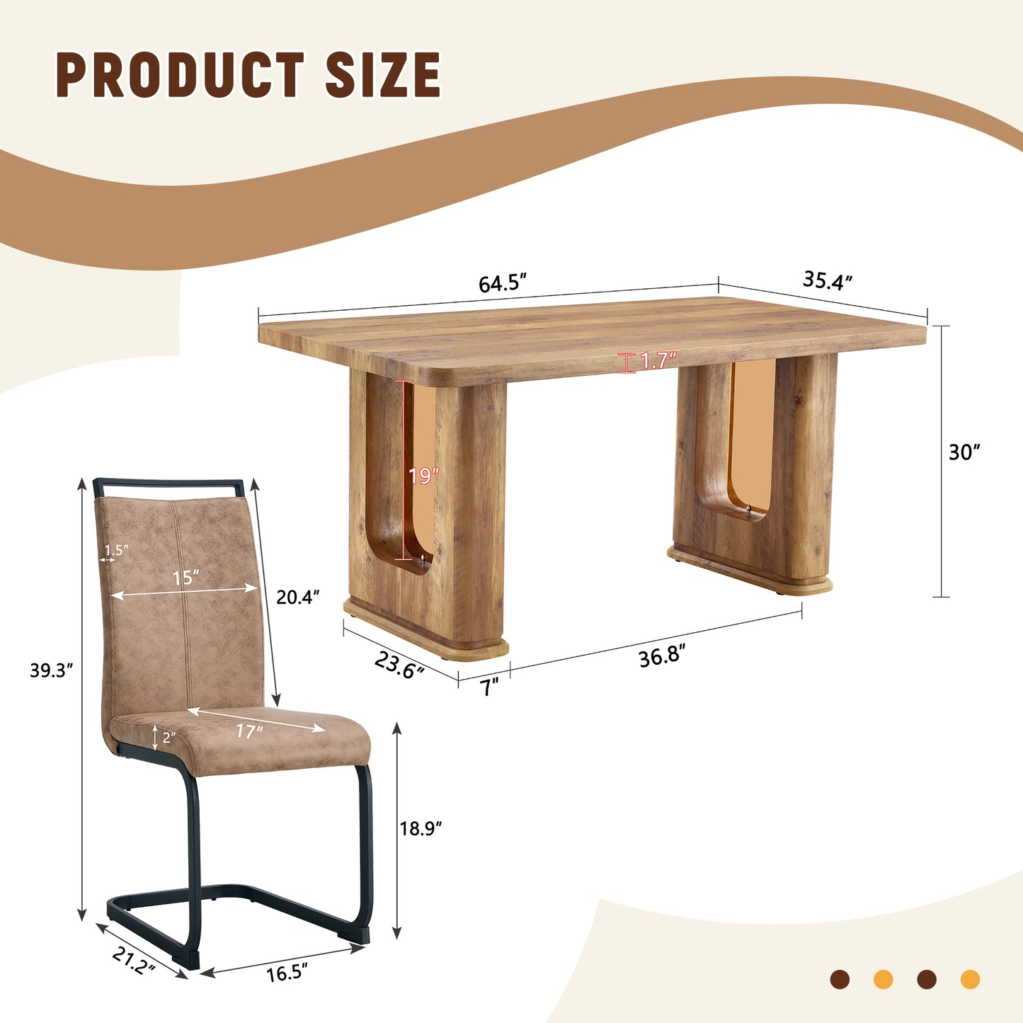 Table And Chair Set.64.5 X 35.4 Inch Stylish Wood Color Textured Dining Table.Perfectly Blending Simplicity And Transparency.Paried With 4 Brown Technology Fabric Chairs With Arched Black Legs.