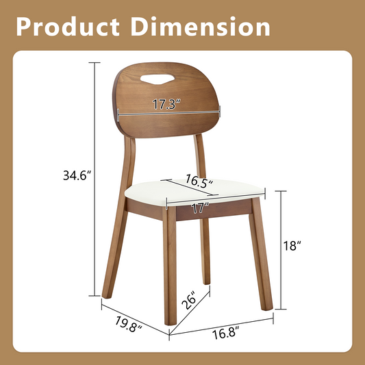 2 Walnut Colored Solid Wood Dining Chairs, White PU Soft Seat Cushions, Hollowed Out Backrests, And Home Dining Chairs.