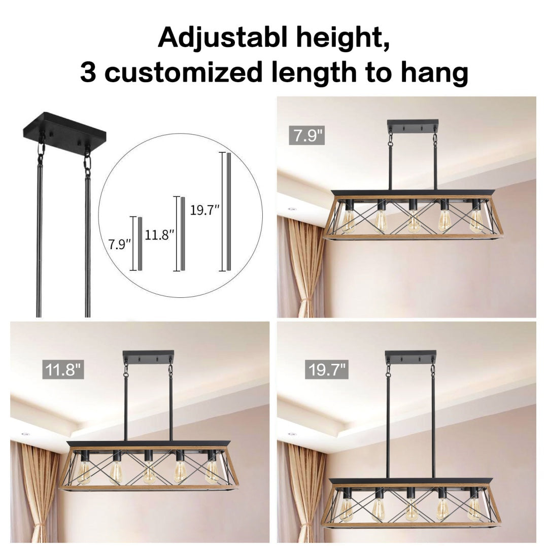 32in  Walnut Industrial 5-Light Pendant Chandelier, Modern Metal Cage Design, Adjustable Hanging Light For Dining Room, Kitchen, Living Room -No Bulbs