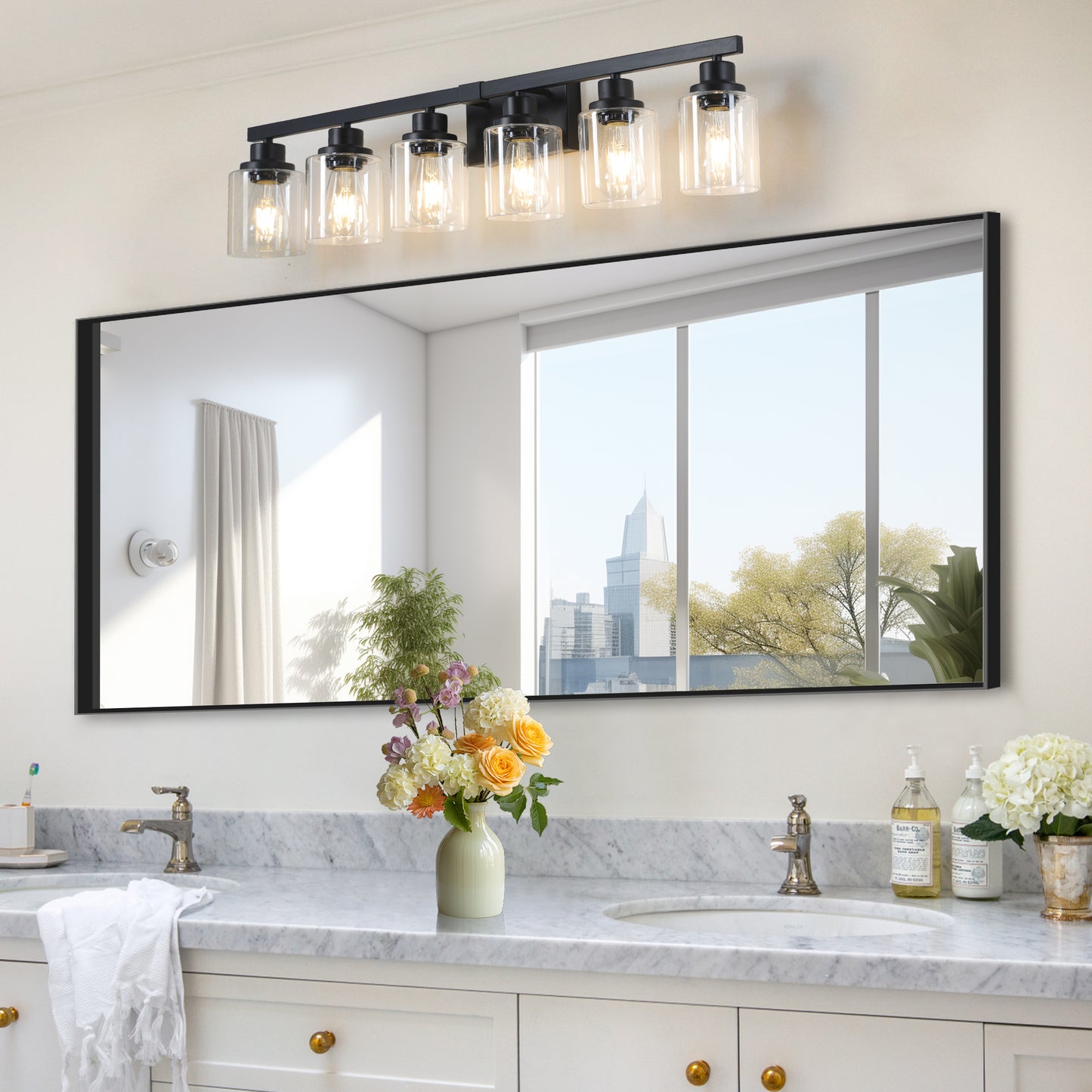 37  Modern 6-Light Bathroom Vanity Light Fixture - Black Finish With Clear Glass Shades, Perfect For Bathroom, Vanity, And Dressing Area Lighting  No Bulbs